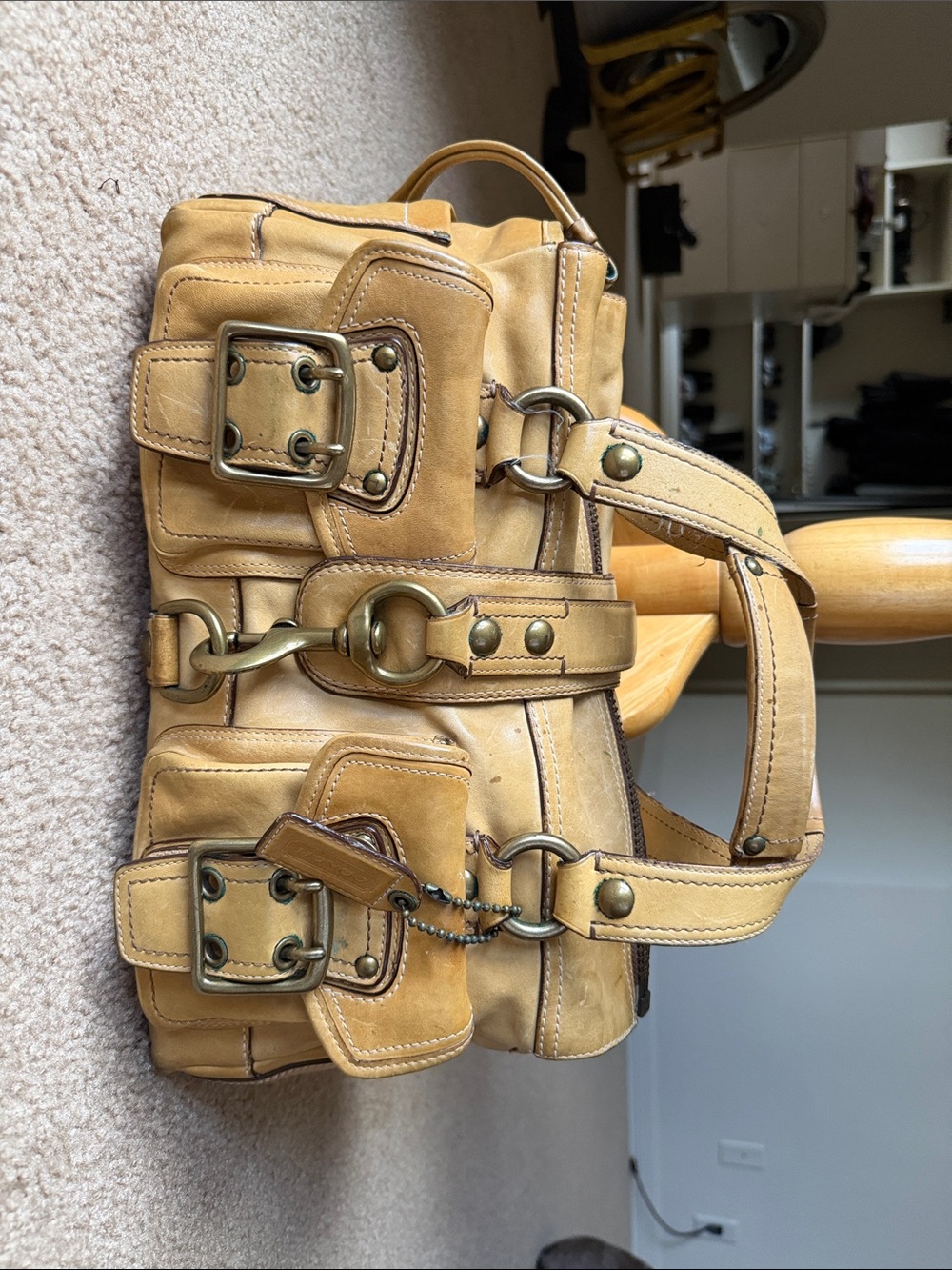 Coach Tan Leather Bucket Satchel with Brass Hardware